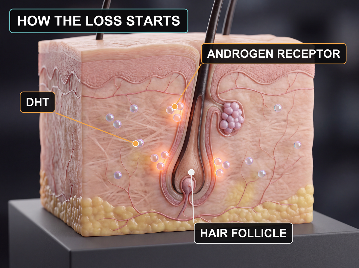 Diagram: DHT molecules docking into androgen receptors on a hair follicle, cross-section of scalp skin, labelled