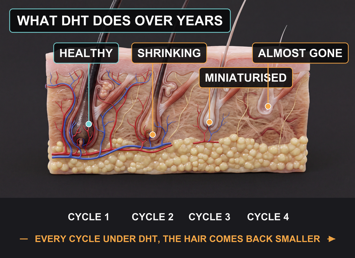 Diagram: four hair follicles over successive growth cycles showing progressive miniaturisation, labelled