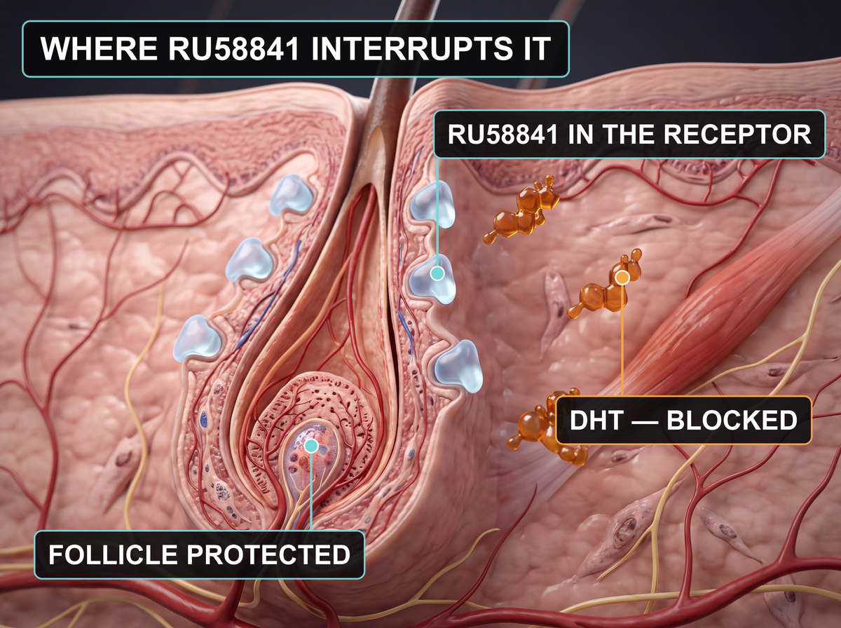 Diagram: RU58841 occupying the androgen receptors on the follicle wall while DHT molecules cannot dock, labelled