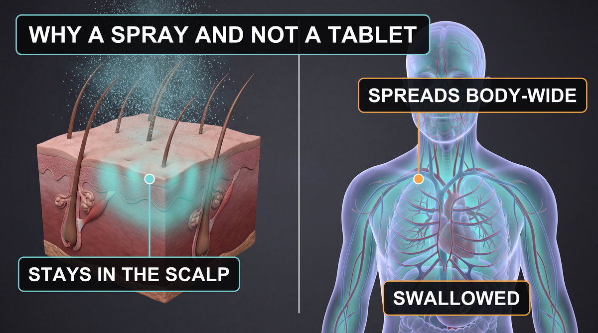 Diagram comparing a topical spray acting in scalp tissue with an oral tablet carried through the bloodstream, labelled