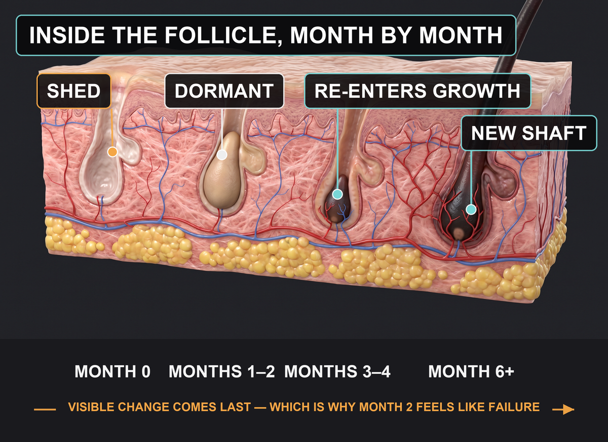 Diagram: what happens inside a hair follicle month by month, from shedding through dormancy to a new growing shaft, labelled