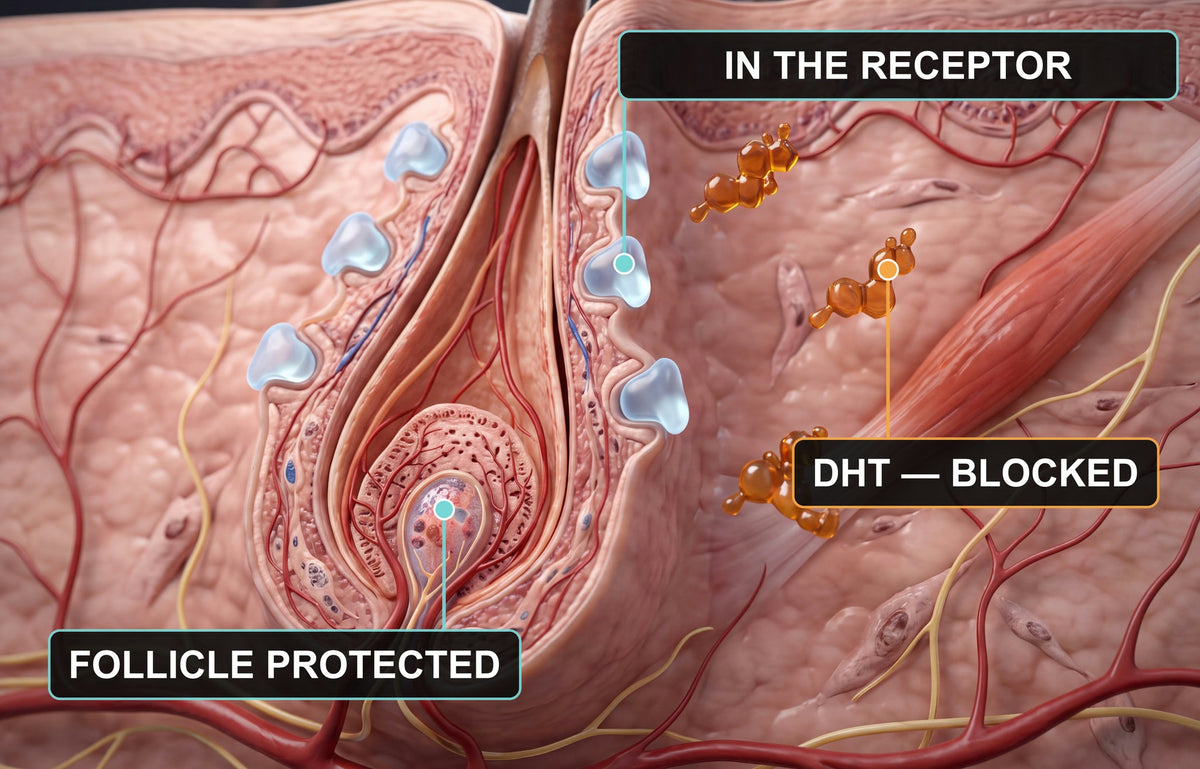 Diagram: the blocker sitting in the receptors of a hair follicle, so DHT cannot attach