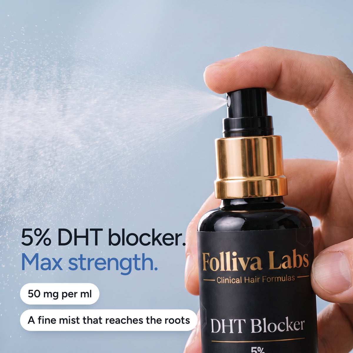 Fine mist from the Folliva DHT Blocker pump: 5% DHT blocker, 50 mg per ml