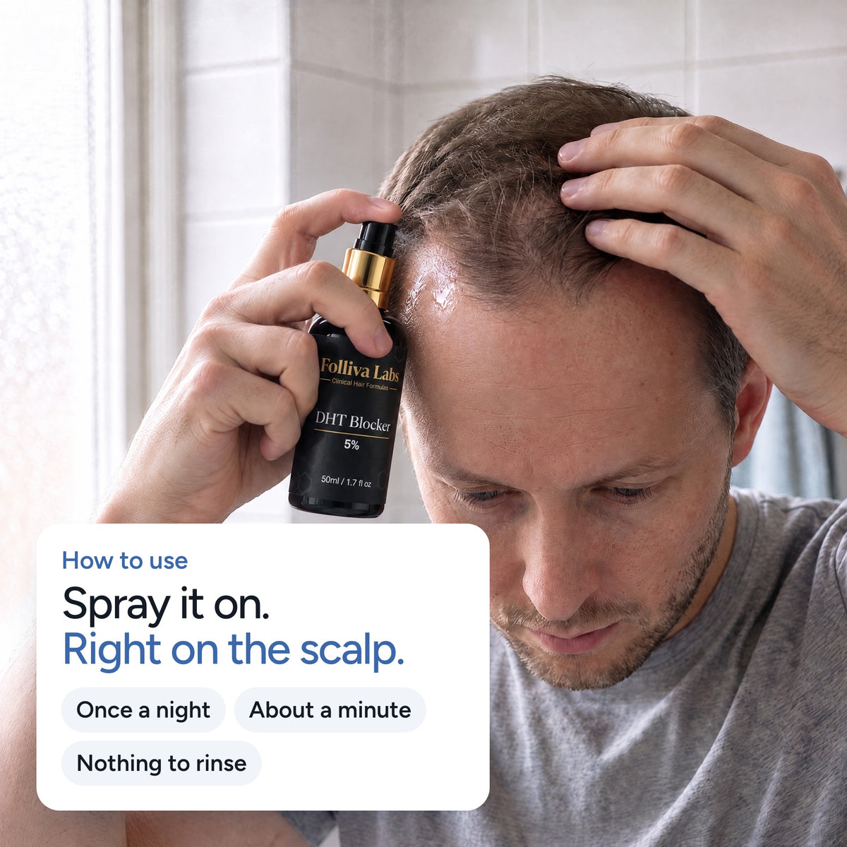 Man spraying Folliva DHT Blocker right onto his receding hairline