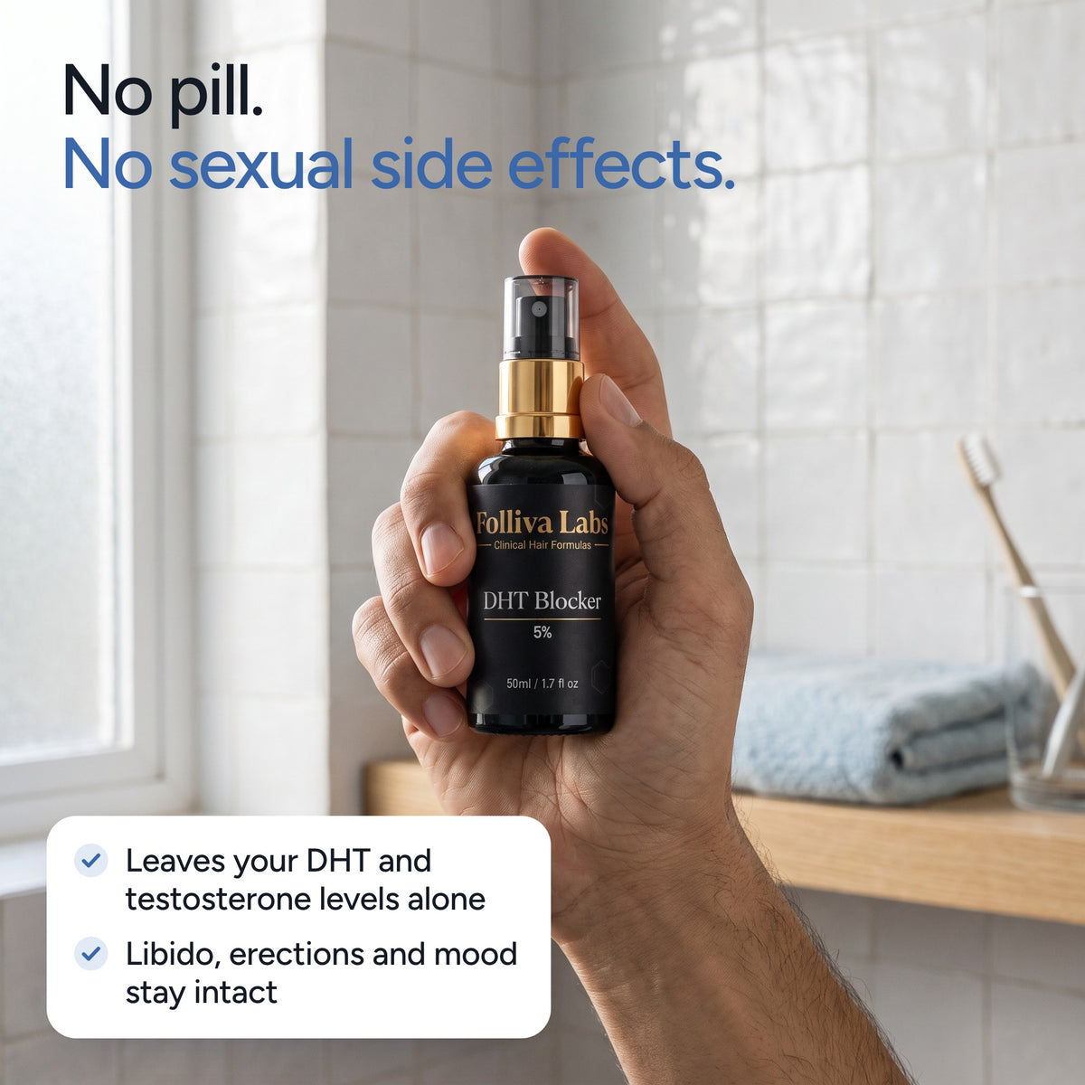 Hand holding Folliva DHT Blocker: no pill, no sexual side effects