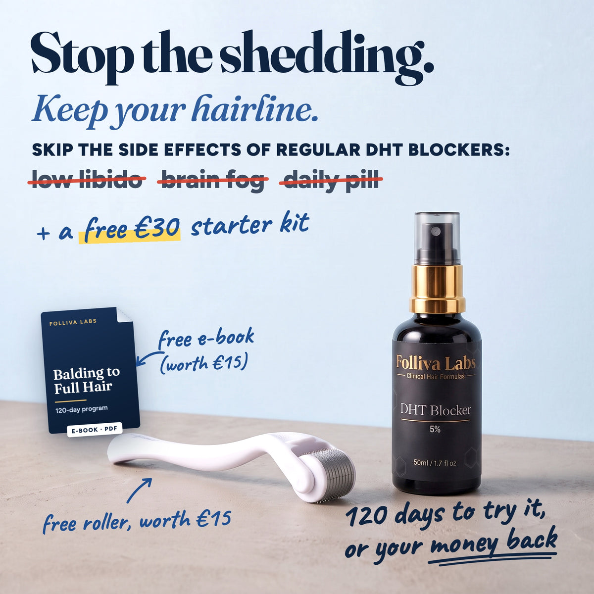 Folliva DHT Blocker spray with a free starter kit (derma roller, 120-day e-book) and a 120-day money-back guarantee