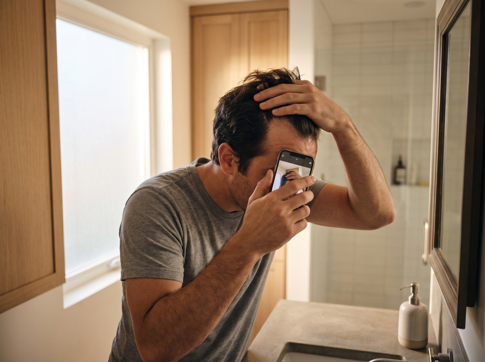 A man photographing his own hairline in a bathroom mirror to record a baseline before starting