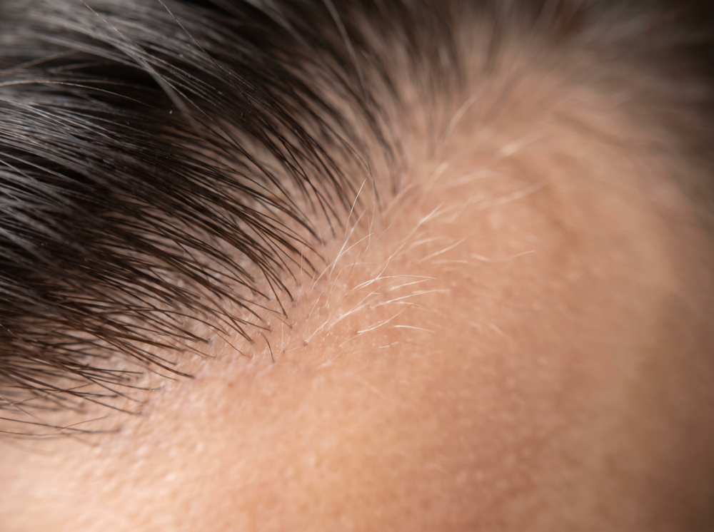 Macro of a hairline showing fine short pale hairs emerging alongside thicker pigmented hairs