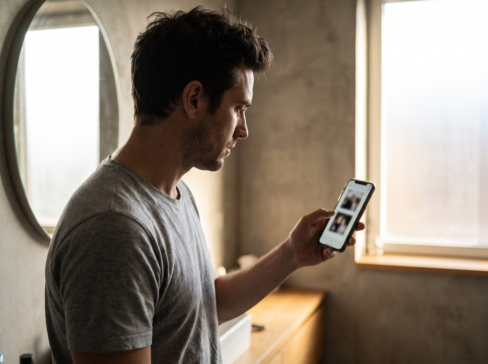 A man comparing two photographs of his hairline on his phone