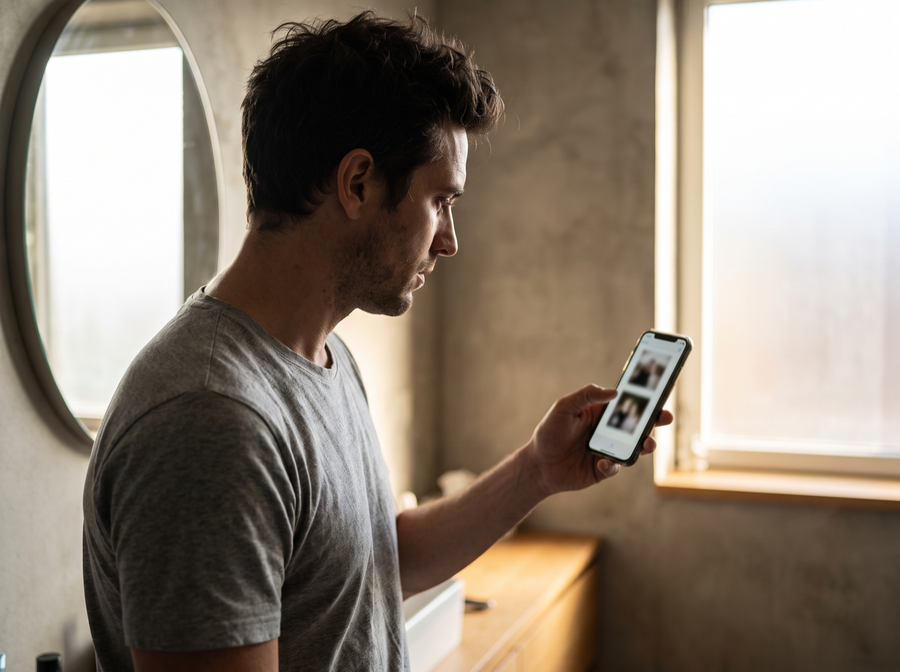 A man comparing two photographs of his hairline on his phone