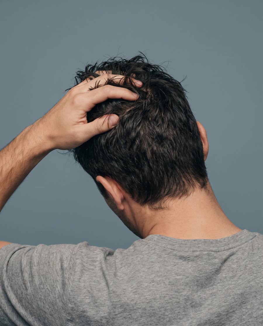 Back of a man's head with dry hair before applying the solution