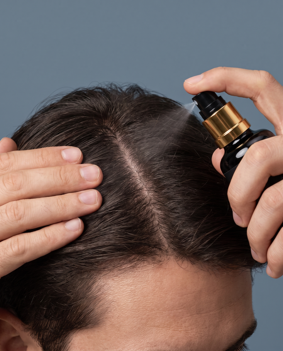 Spraying the Folliva Labs solution onto a parted scalp