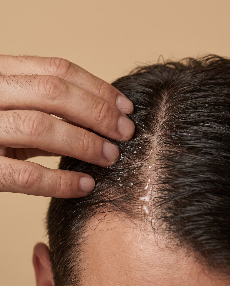 Fingertips spreading the solution along a parted scalp