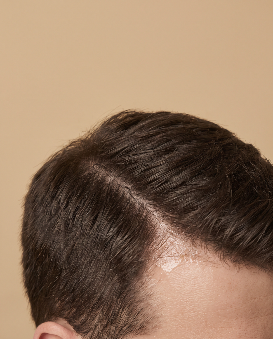 A parted scalp with the freshly applied solution still drying