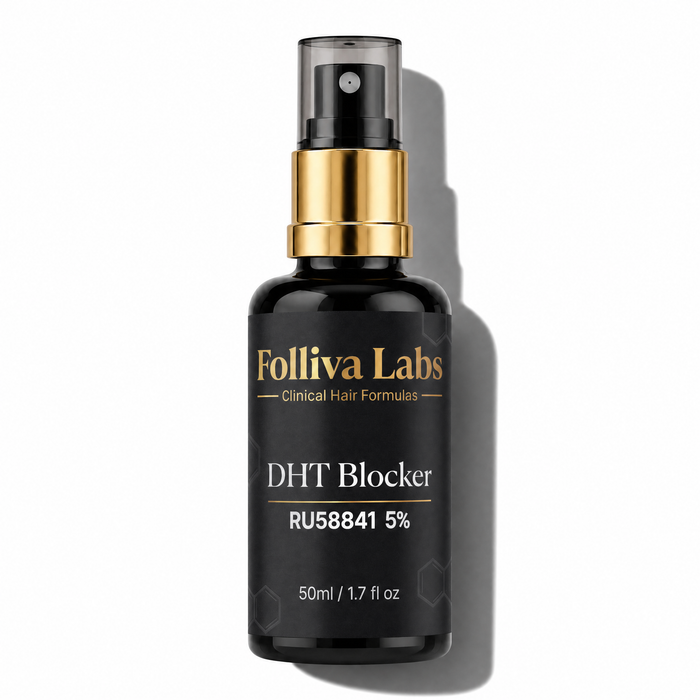 RU58841 5% topical solution by Folliva Labs — 50 ml amber-black glass bottle with spray pump, blended in the EU