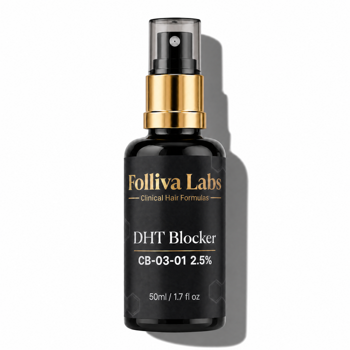 CB-03-01 clascoterone topical solution by Folliva Labs — 50 ml bottle, 2.5% and 5% strengths