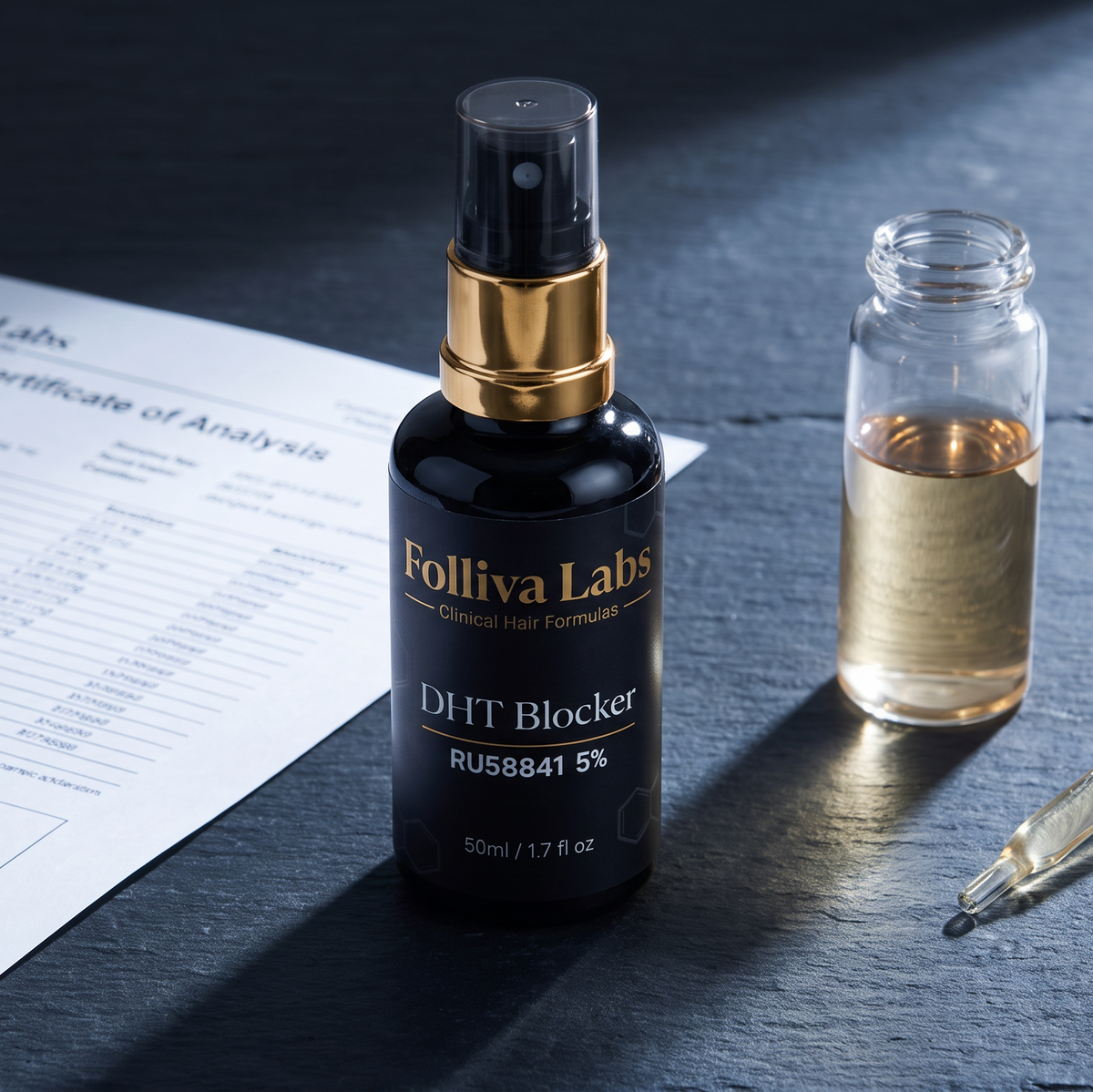 Folliva Labs bottle beside a lab vial, pipette and a printed certificate of analysis on a slate bench
