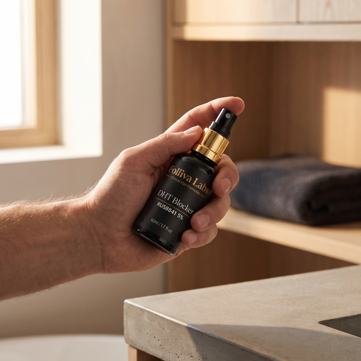 Man holding the Folliva Labs DHT blocker spray bottle in a bathroom, once-a-day scalp application
