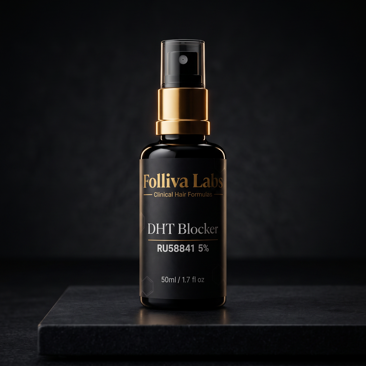 Folliva Labs topical DHT blocker, 50 ml black glass bottle with gold spray pump, RU58841 5% on the label