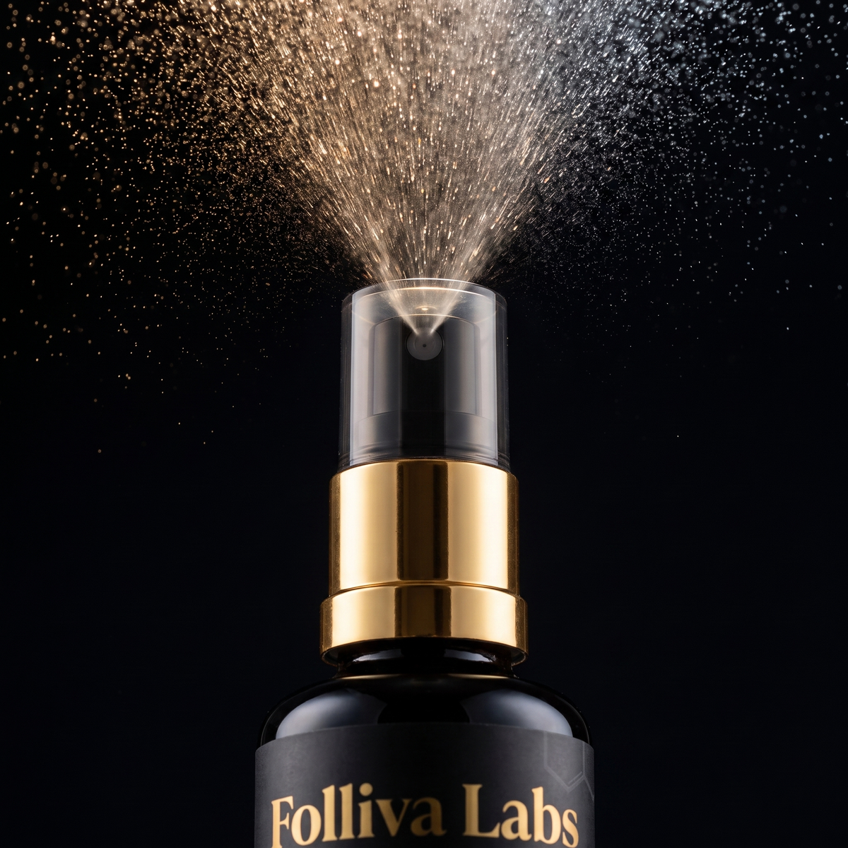 Close-up of the fine-mist pump spraying, showing the droplet pattern used to apply the solution to the scalp